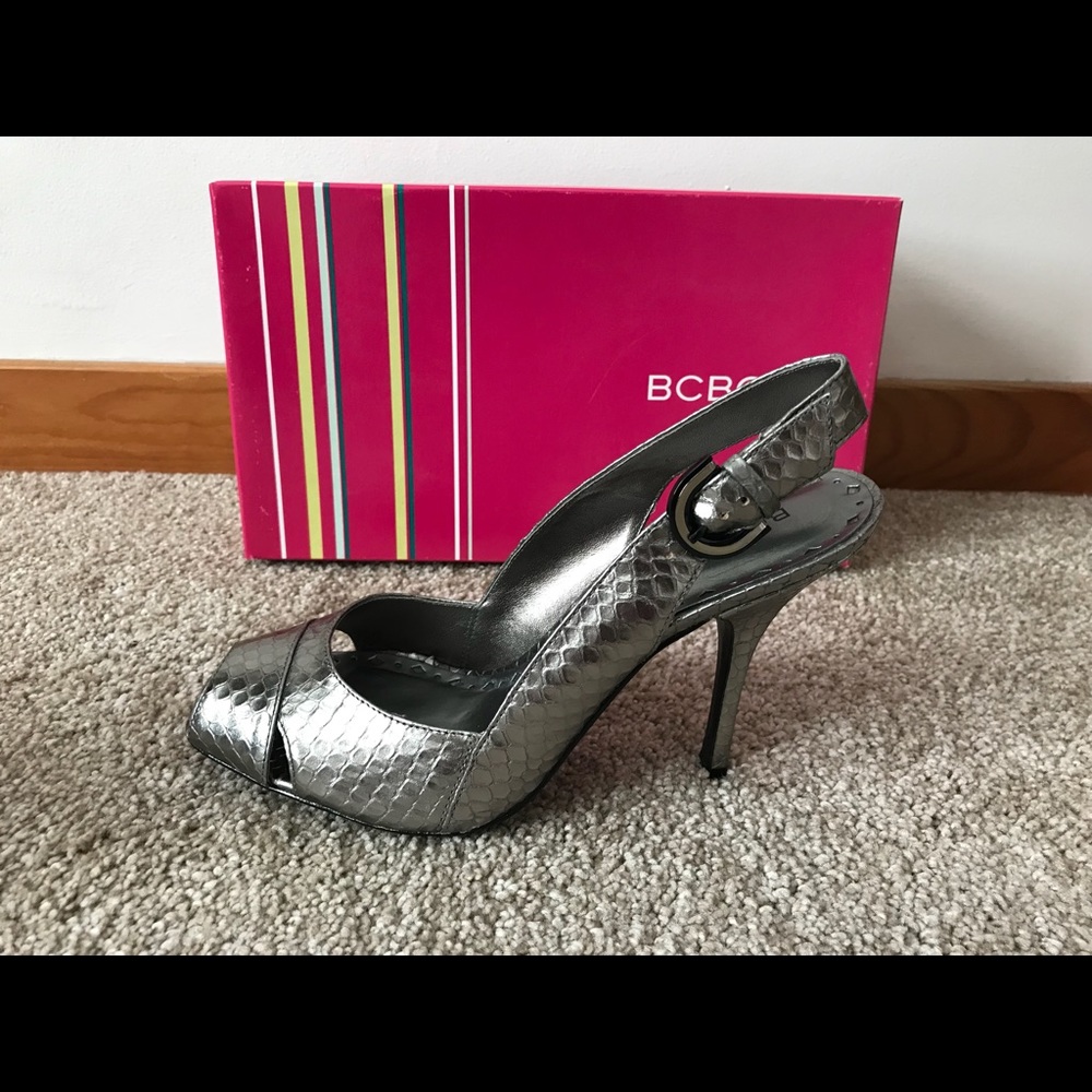 2/$20 BCBGirls Peep Toe Silver Slingback Pumps, Size 8.5